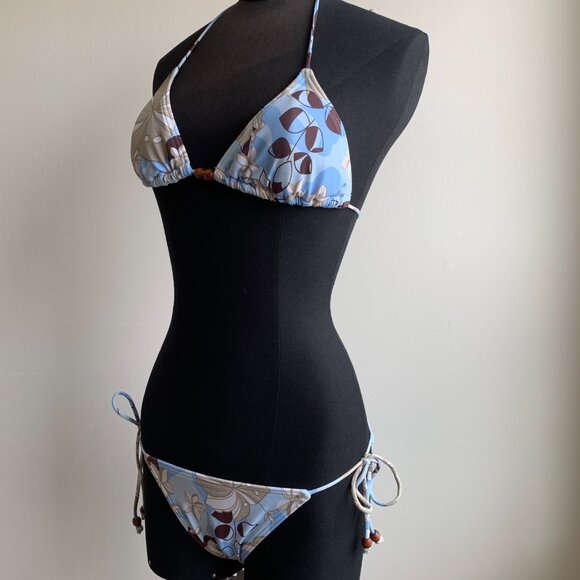 Billabong BLUE CRUSH era Vintage bikini blue floral beaded triangle low rise - Picture 5 of 8